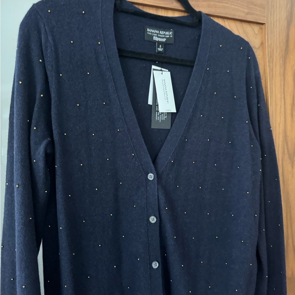 Banana Republic Navy Cardigan with Gold Beading Small New with tags!
